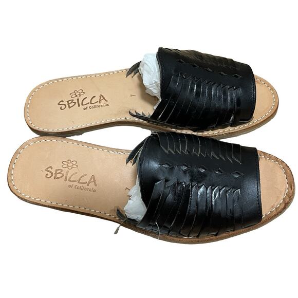 SBICCA Lawrin Leather Open Toe Slip On Sandal Womens US 7 Black Flat Slide NIB - Picture 3 of 8